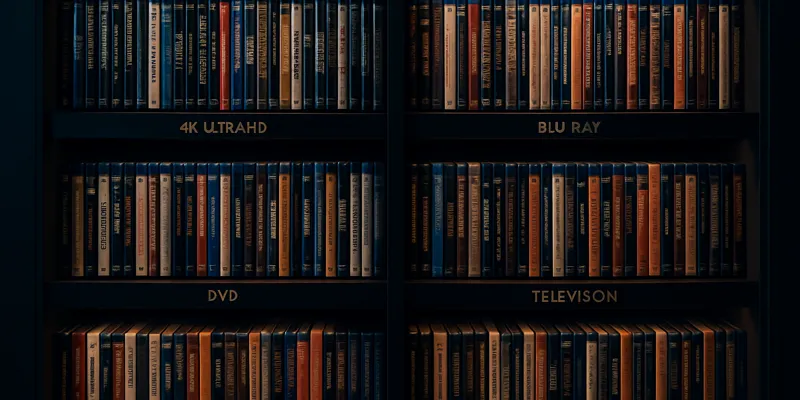Well-organized physical media collection on display shelving